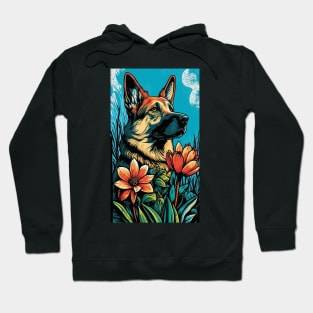 German Shepherd Dog Vibrant Tropical Flower Tall Retro Vintage Digital Pop Art Portrait 3 Hoodie